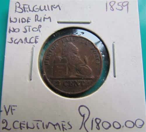 1859 Belgium **SCARCE VARIETY** Wide Rim NO Stop** 2 CENTIMES - R1800.00