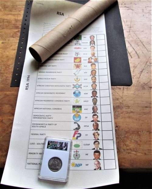 1994 Original Ballot Paper + R5 Inaug. coin in Capsule