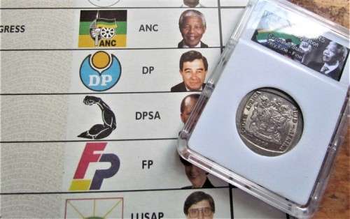 1994 Original Ballot Paper + R5 Inaug. coin in Capsule