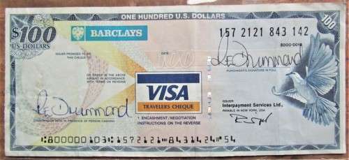 $100,00 BARCLAYS VISA TRAVELLERS CHEQUE