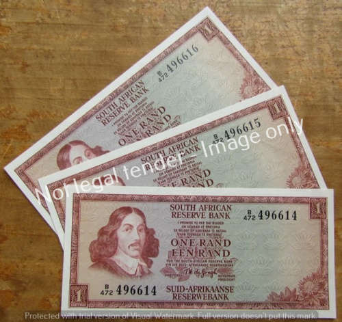 3 x DE JONGH CONSECUTIVE R1 NOTES (B472) UNC **BID PER NOTE**