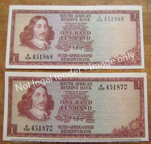 2 x DE JONGH CONSECUTIVE EVEN R1 NOTES (B538) UNC **BID PER NOTE**