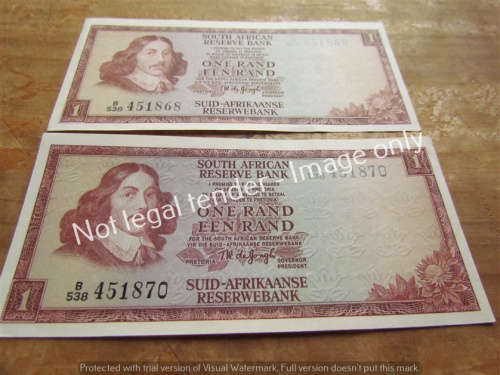2 x DE JONGH CONSECUTIVE EVEN R1 NOTES (B538) UNC **BID PER NOTE**