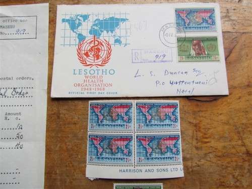 LESOTHO PHILATELIC BUREAU - WHO COVER + BLOCK OF 4 + PAIR - 1 BID