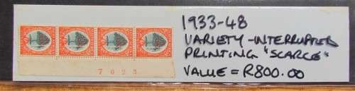 1933-48 **SCARCE** Variety Union 6d strip of 4  Ïnterrupted printing