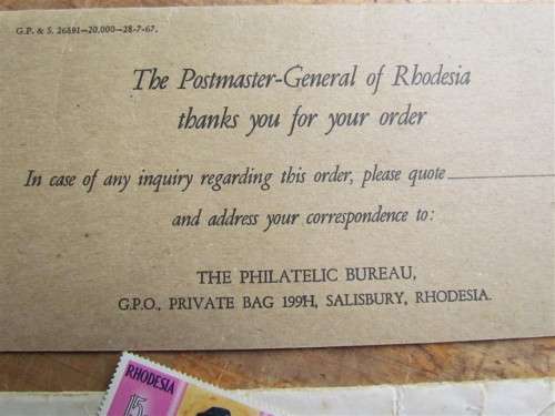 **CRAZY R1 START** POSTMASTER=GENERAL RHODESIA philatelic lot + letter + statement