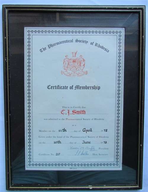 Rhodesia - Pharmaceutical Society of Rhodesia + Period Frame Bulawayo C.J.Smith