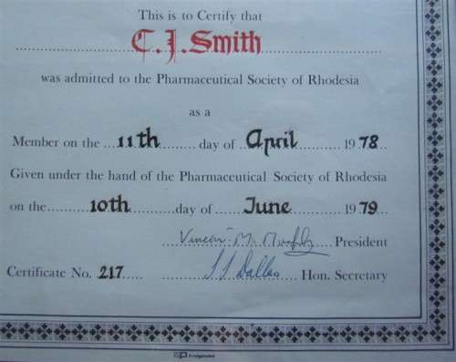 Rhodesia - Pharmaceutical Society of Rhodesia + Period Frame Bulawayo C.J.Smith