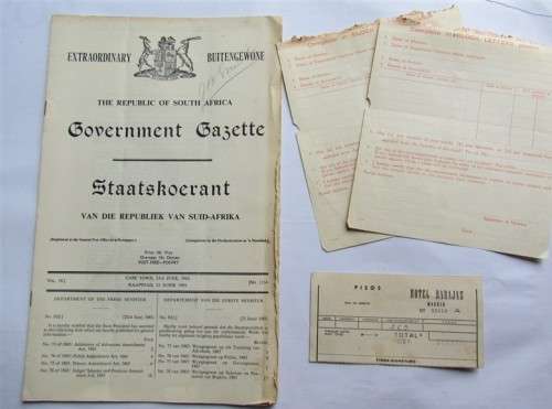 1965 South Africa Government Gazettes + Government MP claims + hotel slip