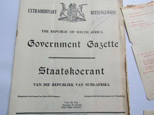 1965 South Africa Government Gazettes + Government MP claims + hotel slip