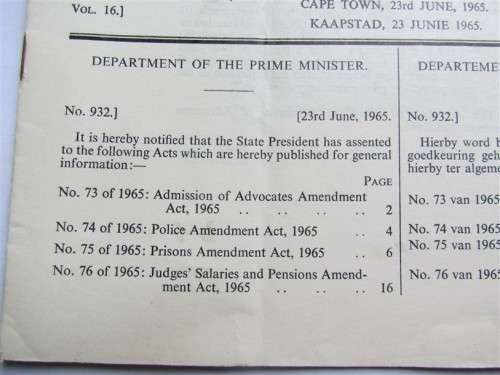 1965 South Africa Government Gazettes + Government MP claims + hotel slip