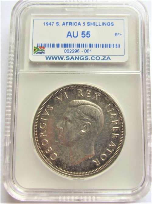 1947 SOUTH AFRICA 5 SHILLINGS - GRADED AU55