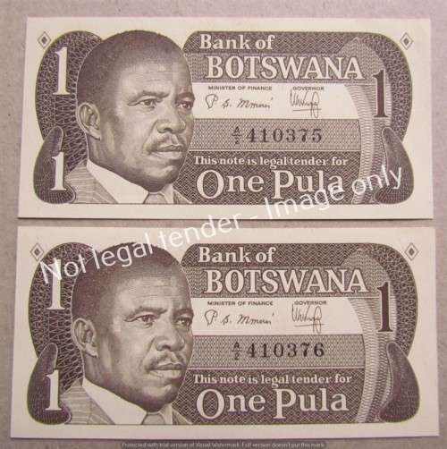 2 X BOTSWANA UNC 1 PULA CONSECUTIVE NUMBER NOTES