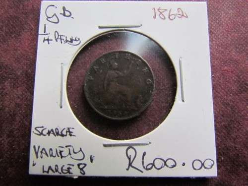 GB 1862 Farthing **SCARCE VARIETY**Large 8 **