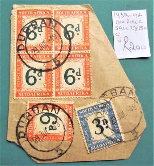 SA Union 1932-42 Postage Due On Piece SACC 27 + 28a