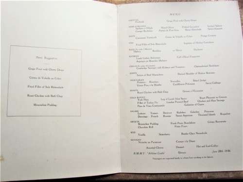 Union Castle Line Menu , 28 July 1936 , R.M.M.V Athlone Castle