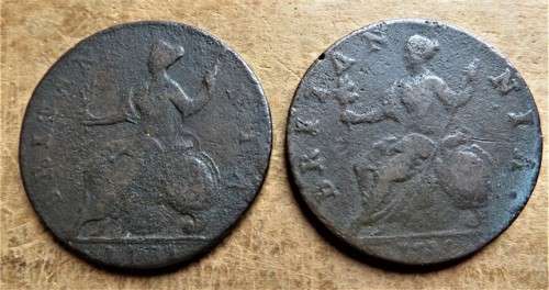 2 X Brittania Georgius II Half Penny Scarce- 1 Bid for both