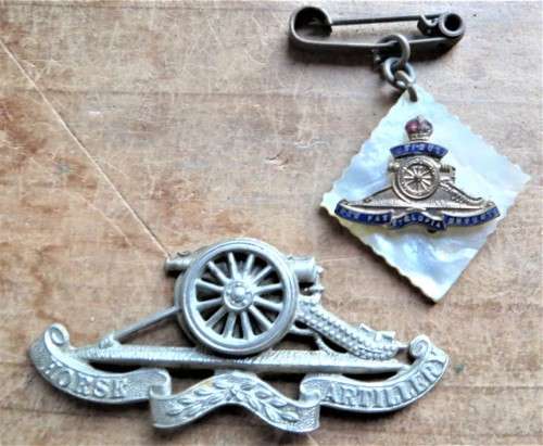2 x Artillery Badges - Horse Artillery Cap & pin + Mother of pearl badge - 1 Bid
