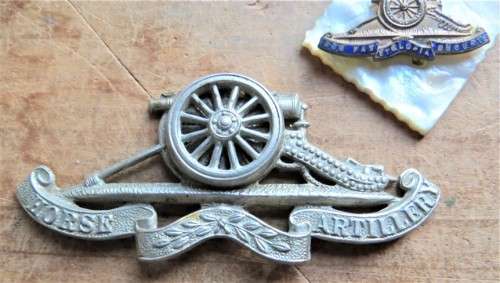2 x Artillery Badges - Horse Artillery Cap & pin + Mother of pearl badge - 1 Bid