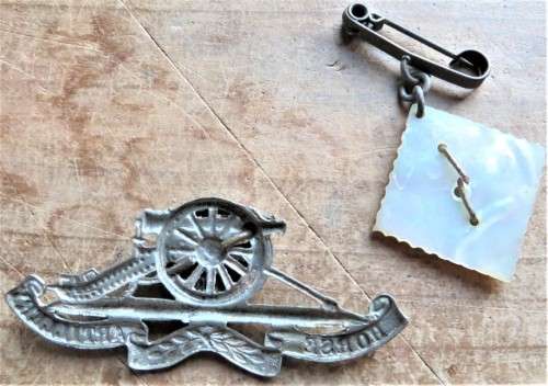 2 x Artillery Badges - Horse Artillery Cap & pin + Mother of pearl badge - 1 Bid