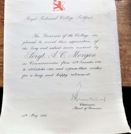 1935-56 Thank You Letter to Sergeant A.C Morgan - Royal Technical College