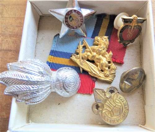 Assorted Badges in a Box - Scout + red cross + blood + military army