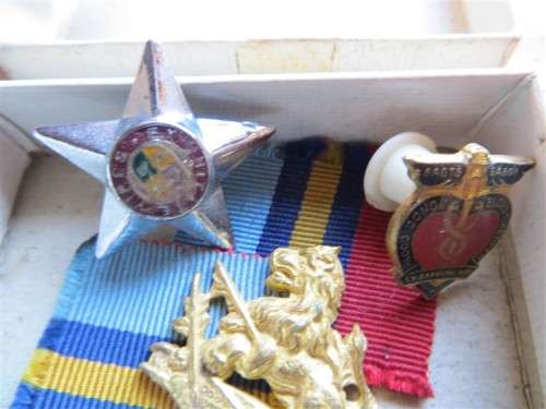 Assorted Badges in a Box - Scout + red cross + blood + military army