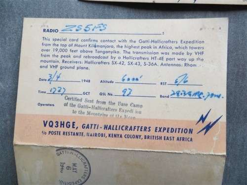 2 X 1948 Gatti Hallicrafters - Kilimanjaro - Transmission Cards from Base Camp