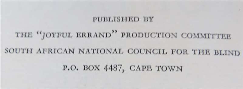 Joyful Errand Stokes, C.S - South African National Council for the Blind - 1959