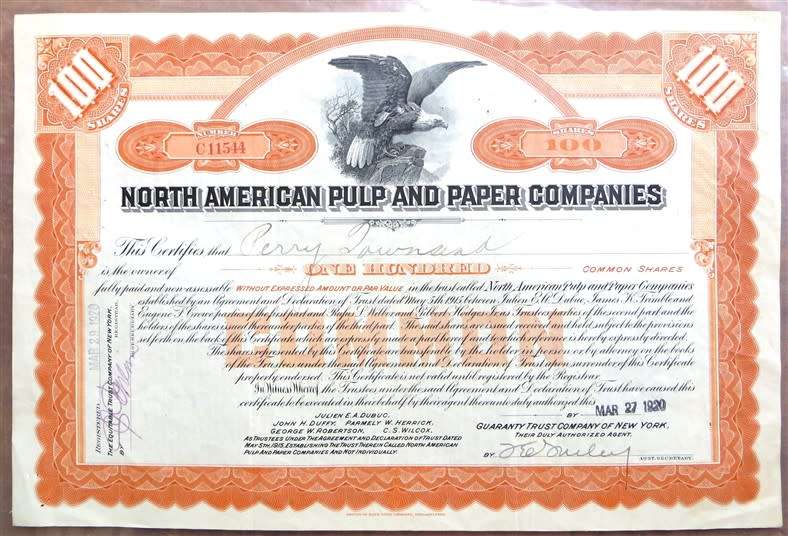 North American Pulp & Paper Co. Share certificate , 1920