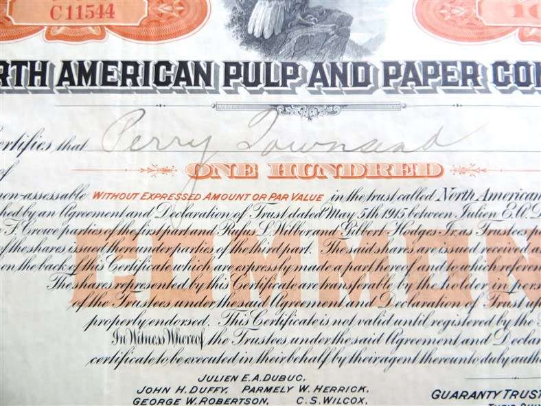North American Pulp & Paper Co. Share certificate , 1920