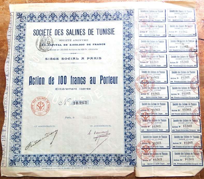 Tunisian Share certificate , French Colonial , 1906