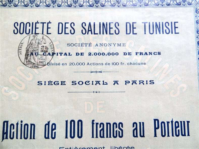 Tunisian Share certificate , French Colonial , 1906