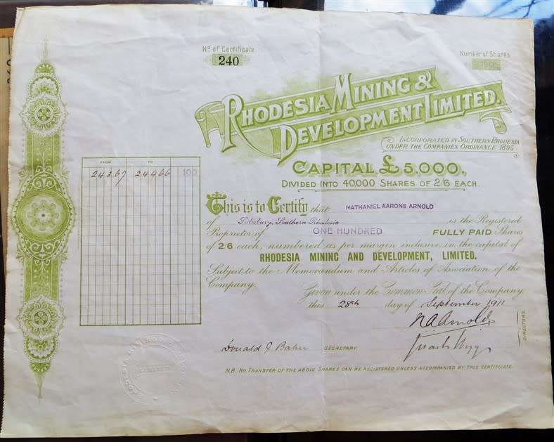 Rhodesia Mining & Development Share certificate 1911 ***SCARCE***Rhodesiana