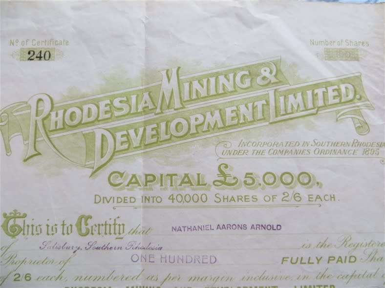 Rhodesia Mining & Development Share certificate 1911 ***SCARCE***Rhodesiana