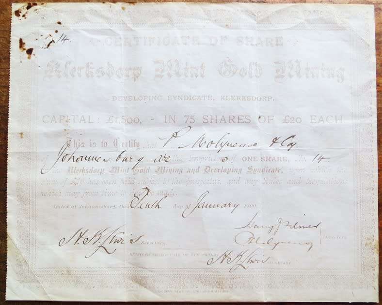 Klerksdorp Mint Gold Mining Co. Share certificate  , 1890 ***SCARCE***