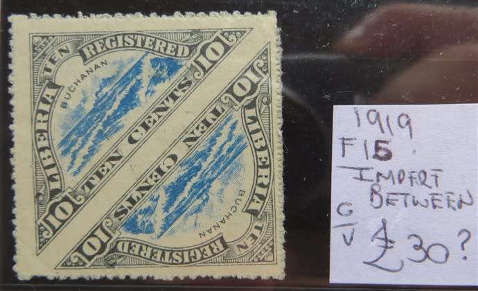 Liberia 1919 Registration 10c blue Imperf Pair