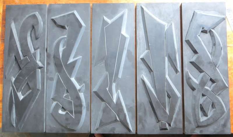 Large Relief Sculpture Set - 5 x Large Black Stone Numbered & Signed - 150mm x 460mm each Stone