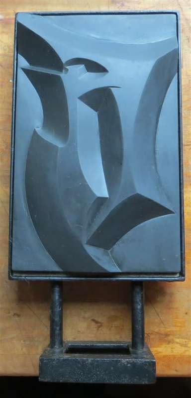 Abstract Black Stone relief Sculpture signed on stand - 1967