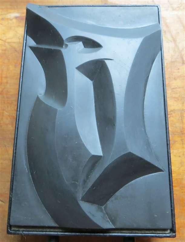 Abstract Black Stone relief Sculpture signed on stand - 1967
