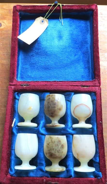 6 x Vintage Afghan Carved Stone Jade Marble Goblets in Original Box