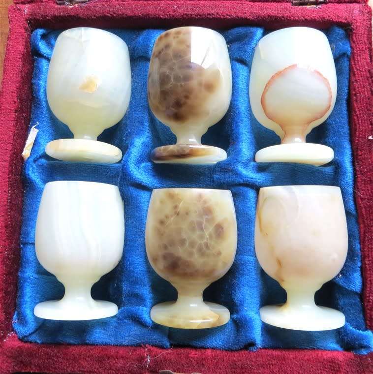 6 x Vintage Afghan Carved Stone Jade Marble Goblets in Original Box