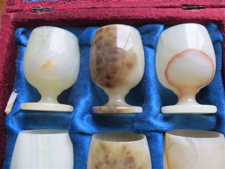 6 x Vintage Afghan Carved Stone Jade Marble Goblets in Original Box
