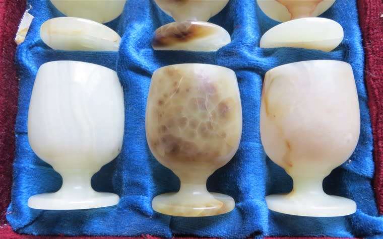 6 x Vintage Afghan Carved Stone Jade Marble Goblets in Original Box