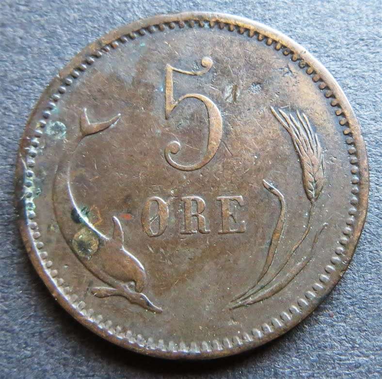 1874 Denmark 5 Ore Scarce
