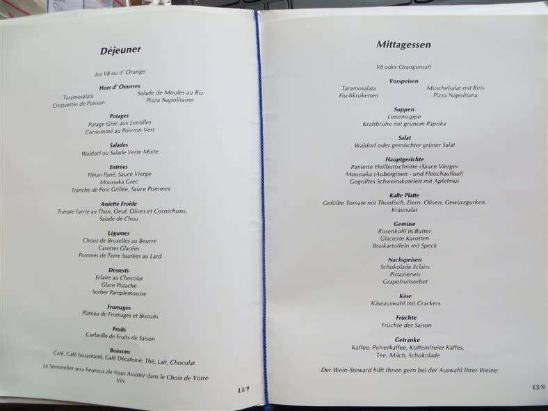 Oceanos - Sunk off SA in 1991 - Lunch Menu