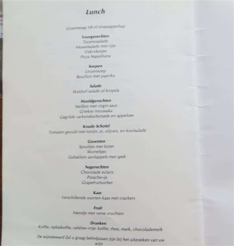 Oceanos - Sunk off SA in 1991 - Lunch Menu