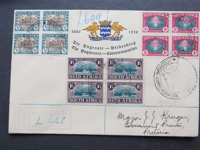 1939 Huguenots Set on Cover - Union SA