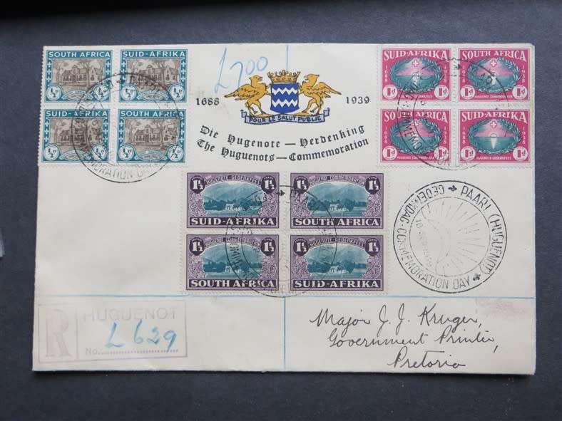 1939 Huguenots Set on Cover - Union SA - High Value