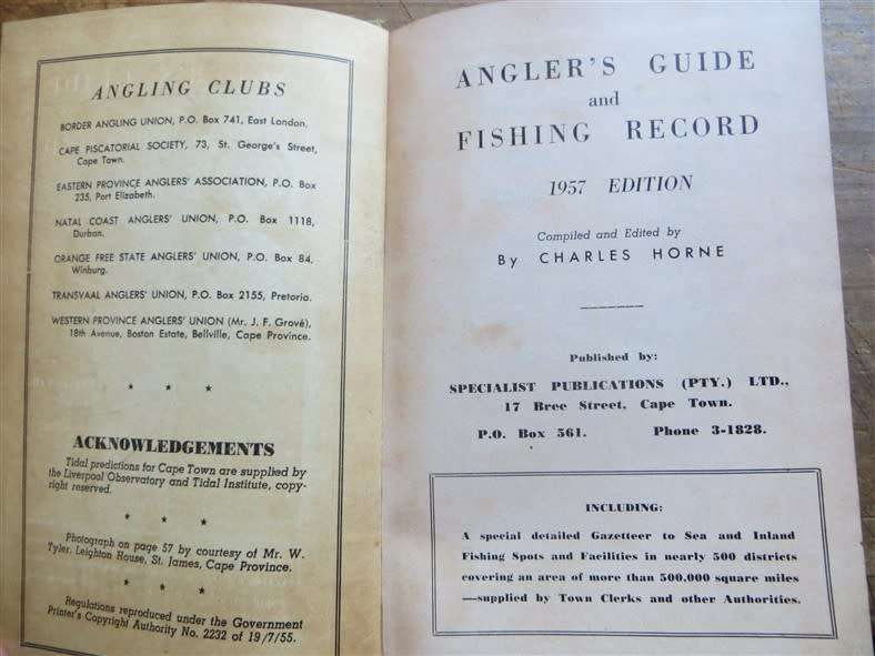 1957 Angler`s Guide & Fishing Record Hardcover - Charles Horne